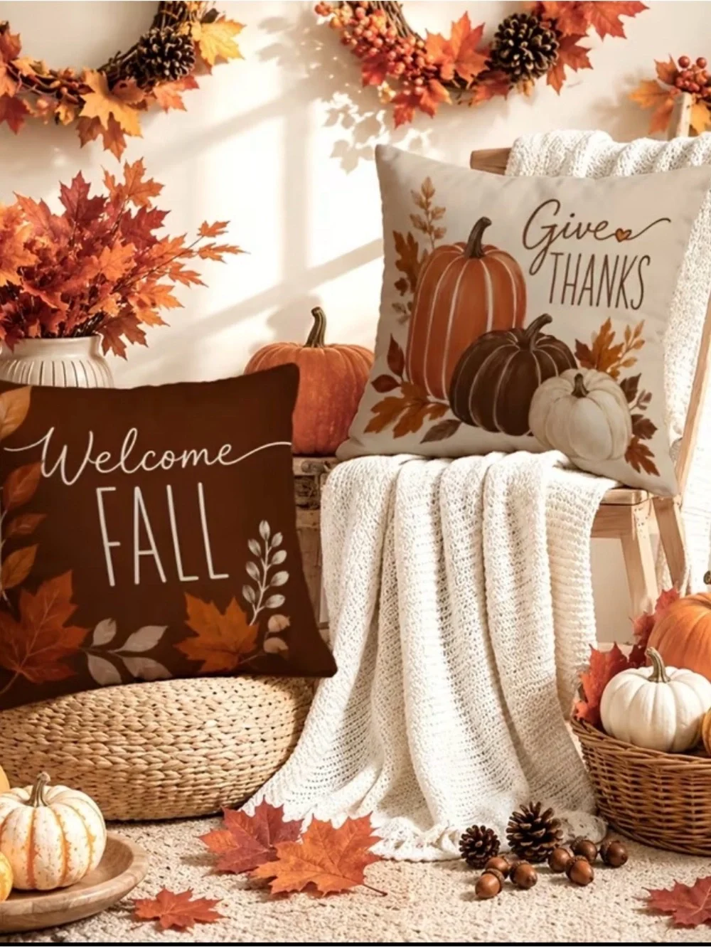 🆕 4pc Fall Pumpkin Decorative Throw Pillow Covers - Brown & Cream Autumn Set